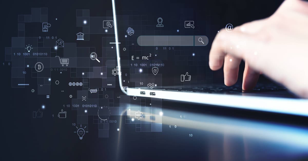 Laptop with floating digital icons representing various developer tools and utilities